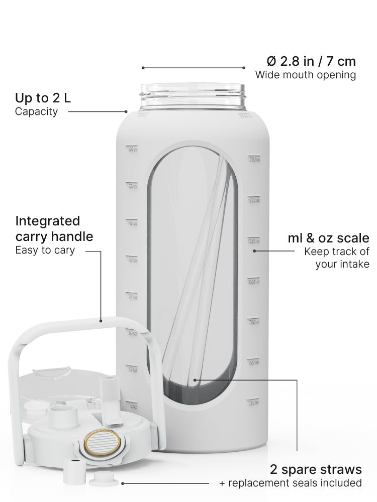 Grey 2-liter glass water bottle with silicone sleeve, carry handle, straw lid, measurement scale, replacement seals and two spare straws.
