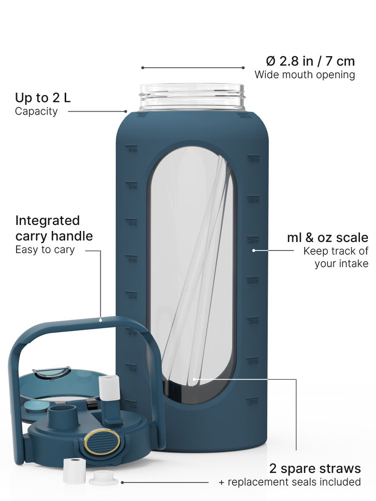 Teal 2-liter glass water bottle with silicone sleeve, carry handle, straw lid, measurement scale, replacement seals and two spare straws.