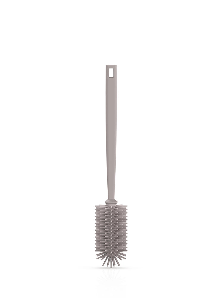 spottle Flaschenbürste aus Silikon, 32 cm, mit Aufhängeöse, Edelstahl-Kern und abnehmbarem Bürstenkopf, Nude grey.