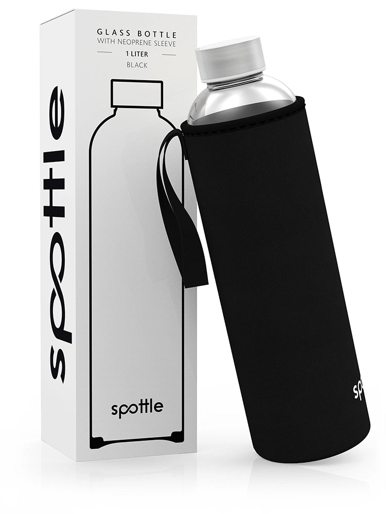 Glass water bottle with neoprene sleeve – 1 L (32oz)