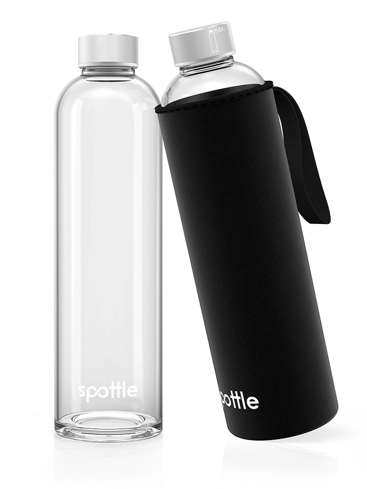 spottle 1-Liter-Glasflasche mit schwarzer Neoprenhülle und schwarzer Trageschlaufe