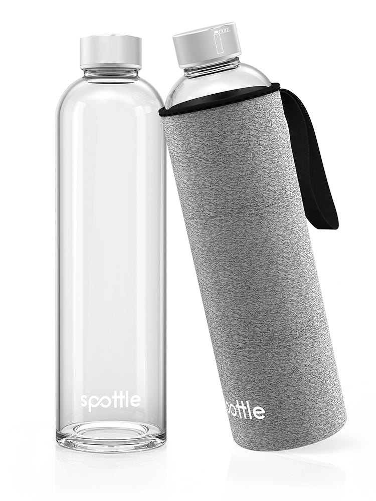 spottle 1-Liter-Glasflasche mit grauer Neoprenhülle und schwarzer Trageschlaufe