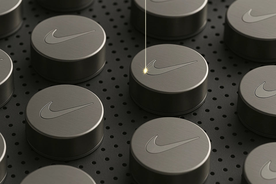 Mehrere runde Metall-Deckel in Anordnung, von denen gerade einer per Laserstrahl mit einem Nike-Swoosh-Logo fein graviert wird.