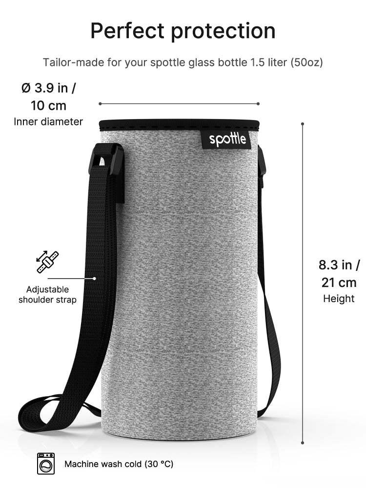 Grey bottle sleeve with adjustable shoulder strap for the 1.5 litre spottle glass bottle, including dimensions.