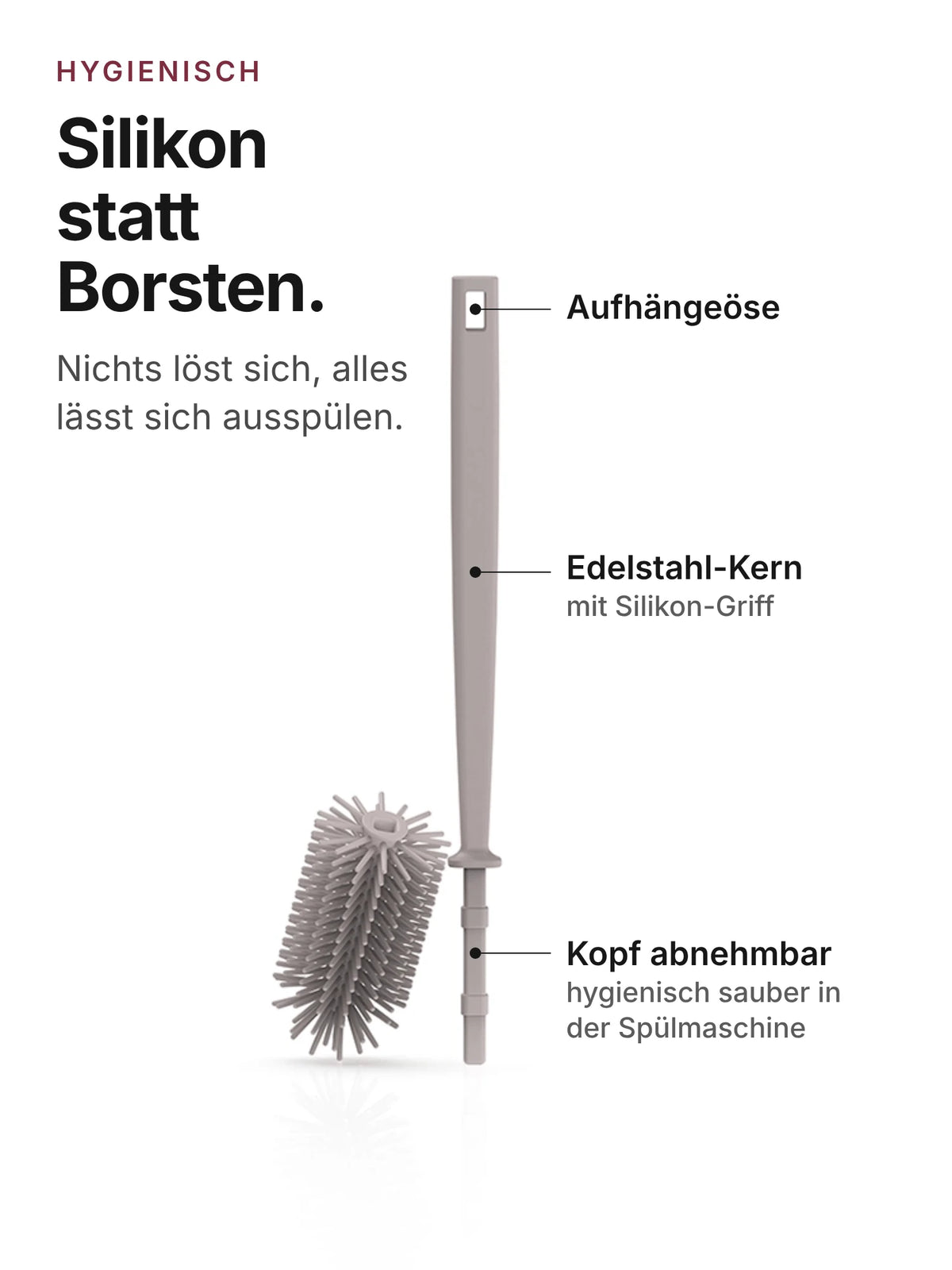spottle Flaschenbürste aus Silikon, 32 cm, Nude grey, mit abgenommenem Bürstenkopf.