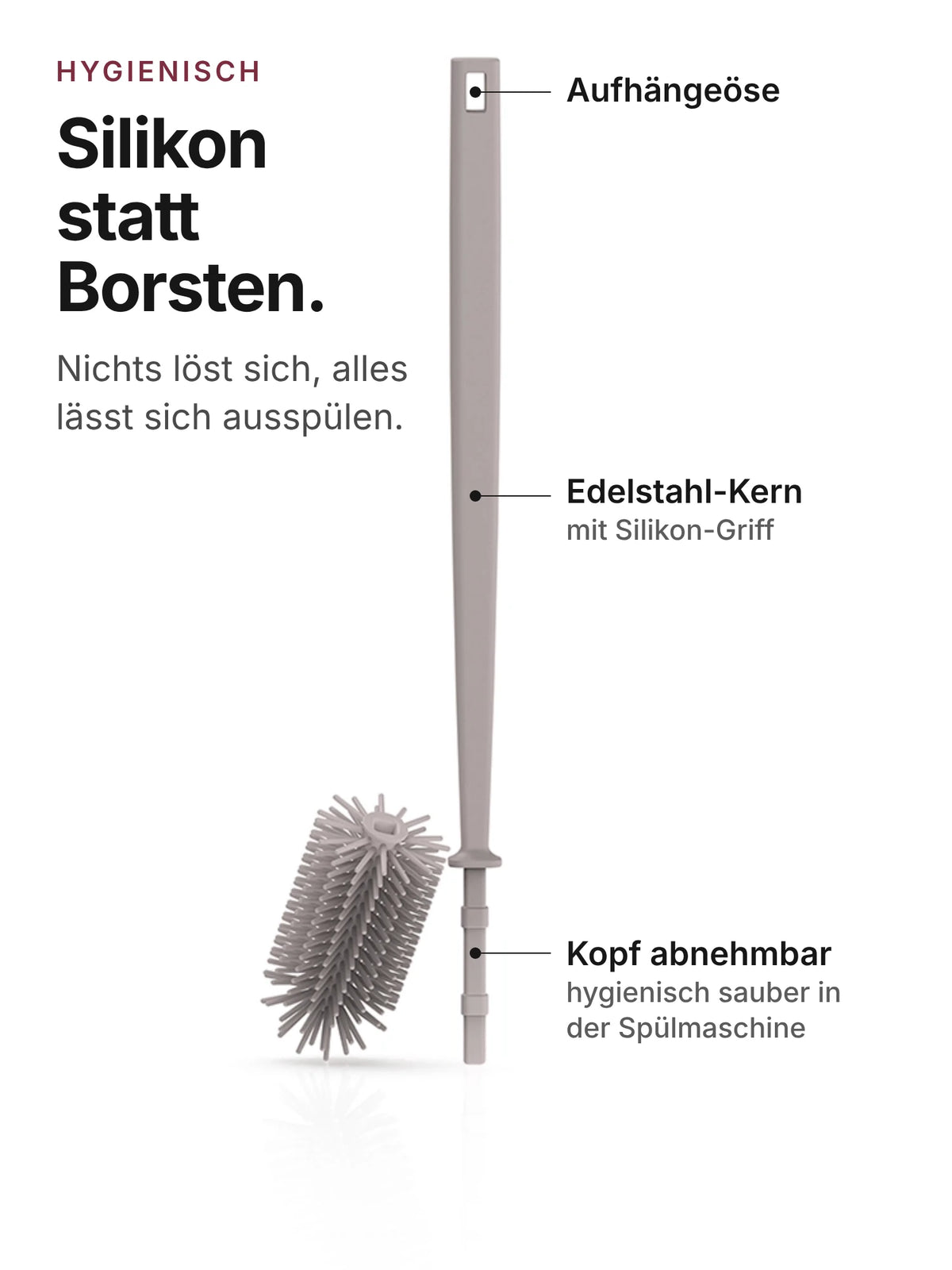 spottle Flaschenbürste aus Silikon, 42 cm, mit Aufhängeöse, Edelstahl-Kern und abnehmbarem Bürstenkopf, Nude grey.