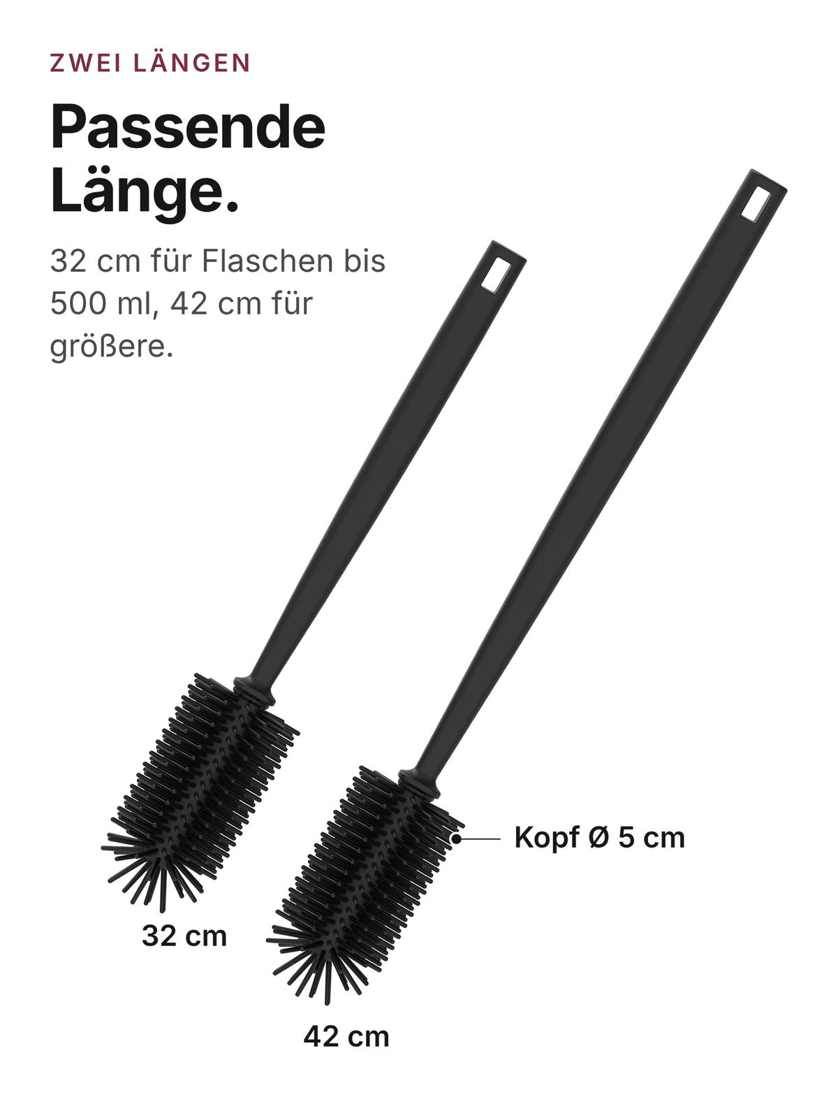spottle Flaschenbürsten aus Silikon in 32 cm und 42 cm, Bürstenkopf Ø 5 cm, Schwarz.