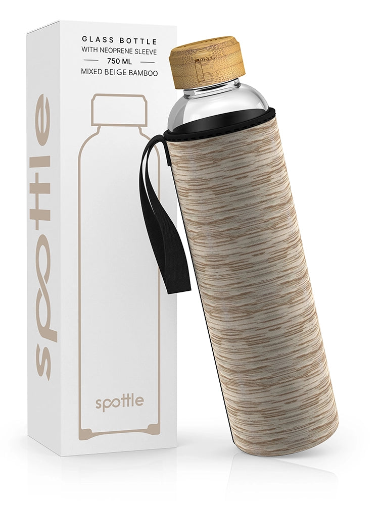 Trinkflasche Glas mit Neoprenhülle & Bambusdeckel – 750 ml (24oz)
