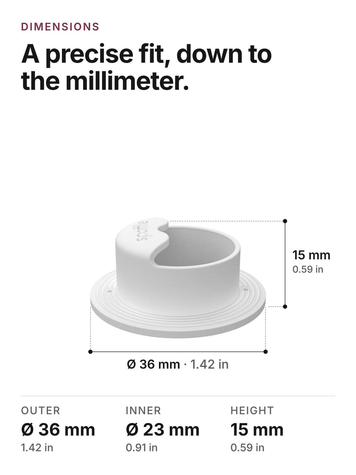 spottle seal dimensions: 36 mm outer, 23 mm inner diameter, 15 mm height