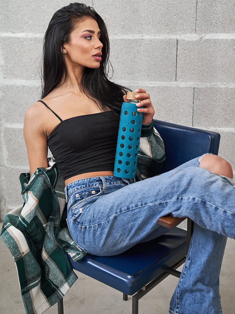 trinkflasche-glas-750-ml-deckel-bambus-petrol #color_petrol