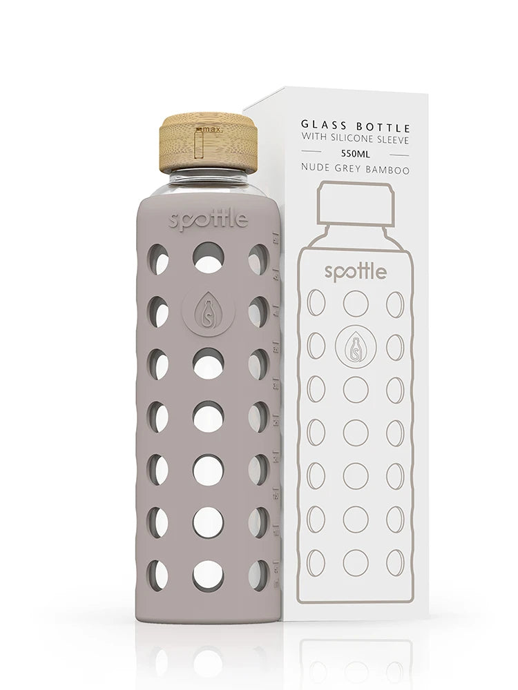 Trinkflasche Glas mit Silikonhülle & Bambusdeckel – 550ml (16oz)
