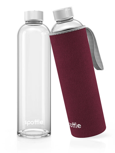 spottle 1-Liter-Glasflasche mit bordeauxfarbener Neoprenhülle und grauer Trageschlaufe