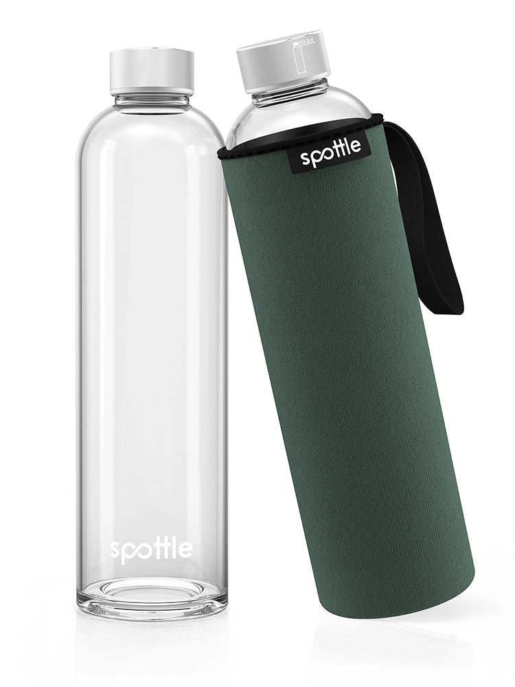 spottle 1-Liter-Glasflasche mit grüner Neoprenhülle und schwarzer Trageschlaufe