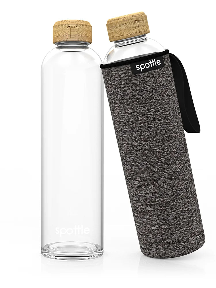 Trinkflasche Glas mit Neoprenhülle & Bambusdeckel – 1 Liter