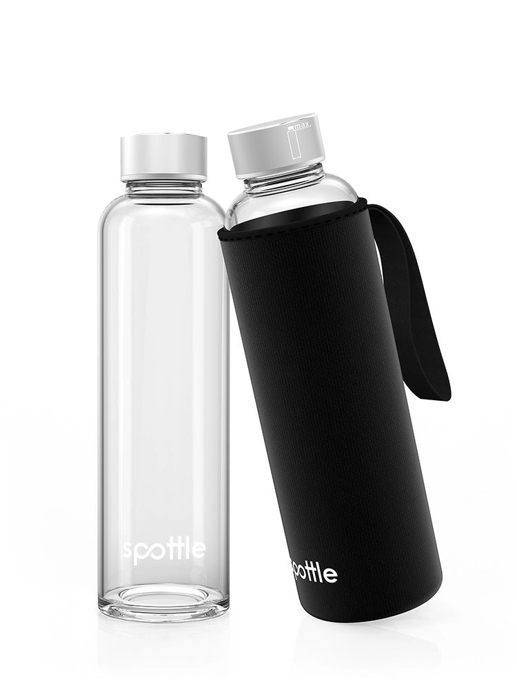 spottle 500-ml-Glasflasche mit schwarzer Neoprenhülle und schwarzer Trageschlaufe