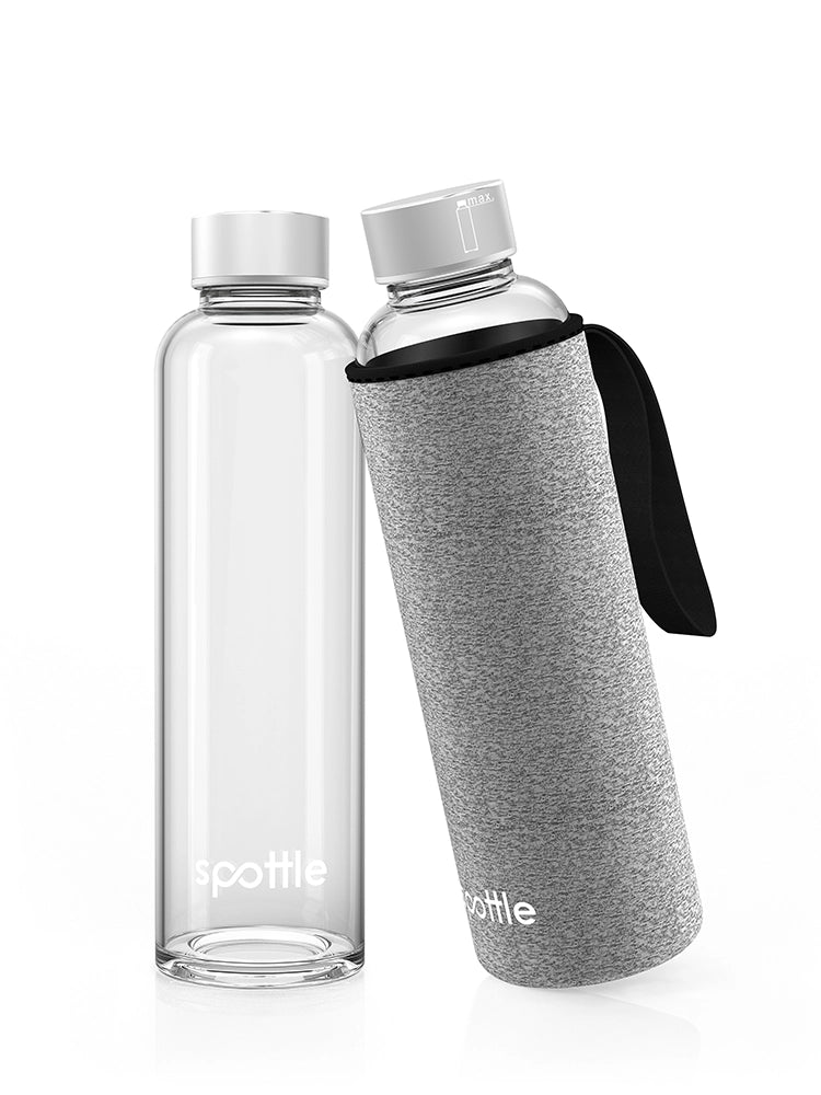 spottle 500-ml-Glasflasche mit grauer Neoprenhülle und schwarzer Trageschlaufe