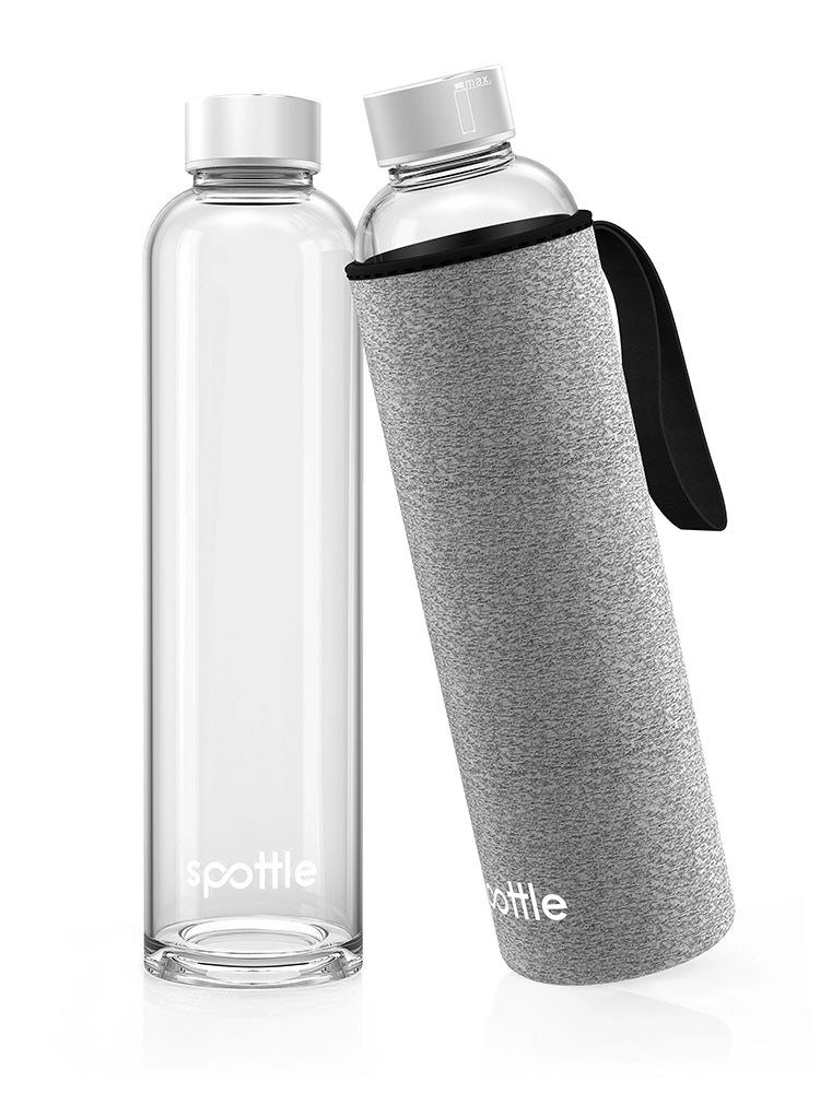 spottle 750-ml-Glasflasche mit grauer Neoprenhülle und schwarzer Trageschlaufe