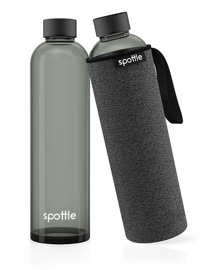 spottle schwarze 1-Liter-Glasflasche mit dunkelgrauer Neoprenhülle und schwarzer Trageschlaufe
