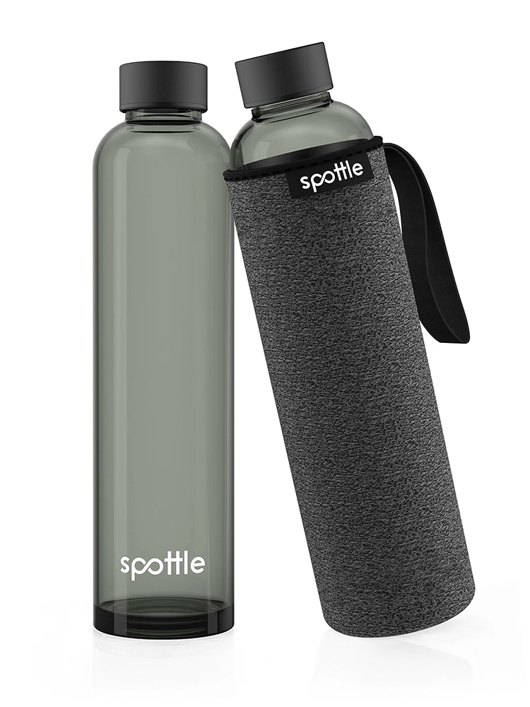 spottle schwarze 750-ml-Glasflasche mit dunkelgrauer Neoprenhülle und schwarzer Trageschlaufe