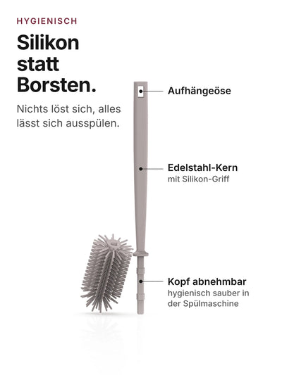 spottle Flaschenbürste aus Silikon, 32 cm, Nude grey, mit abgenommenem Bürstenkopf.