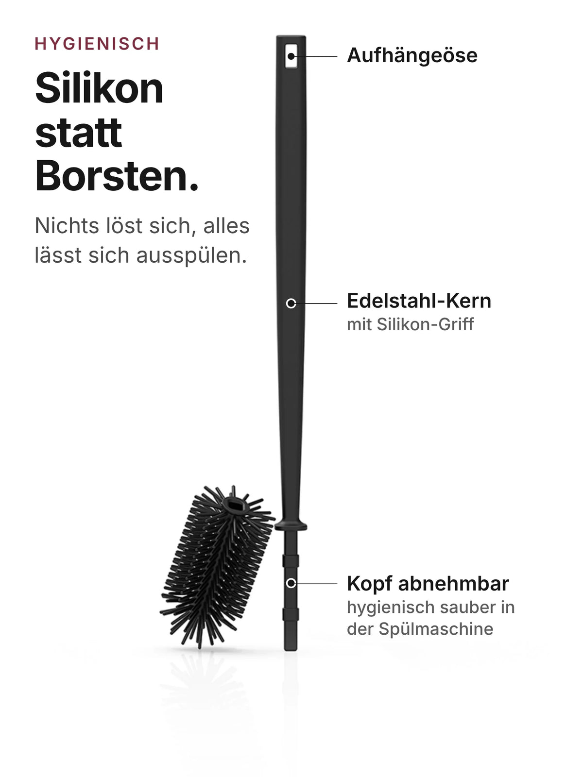 spottle Flaschenbürste aus Silikon, 42 cm, mit Aufhängeöse, Edelstahl-Kern und abnehmbarem Bürstenkopf, Schwarz.