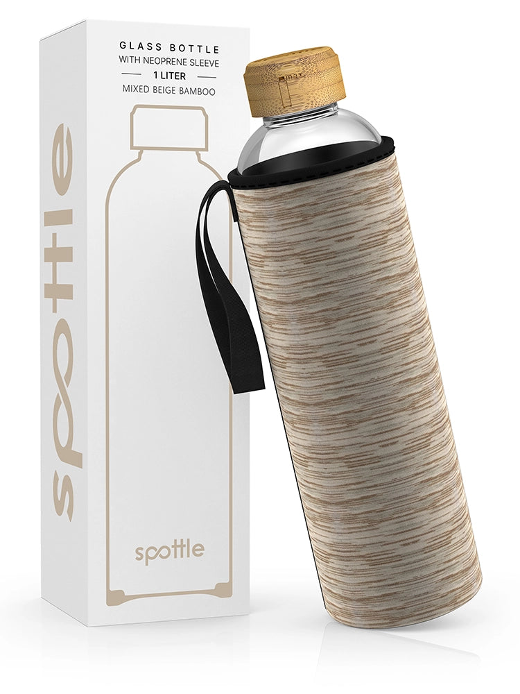 Trinkflasche Glas mit Neoprenhülle & Bambusdeckel – 1 L (32 oz)