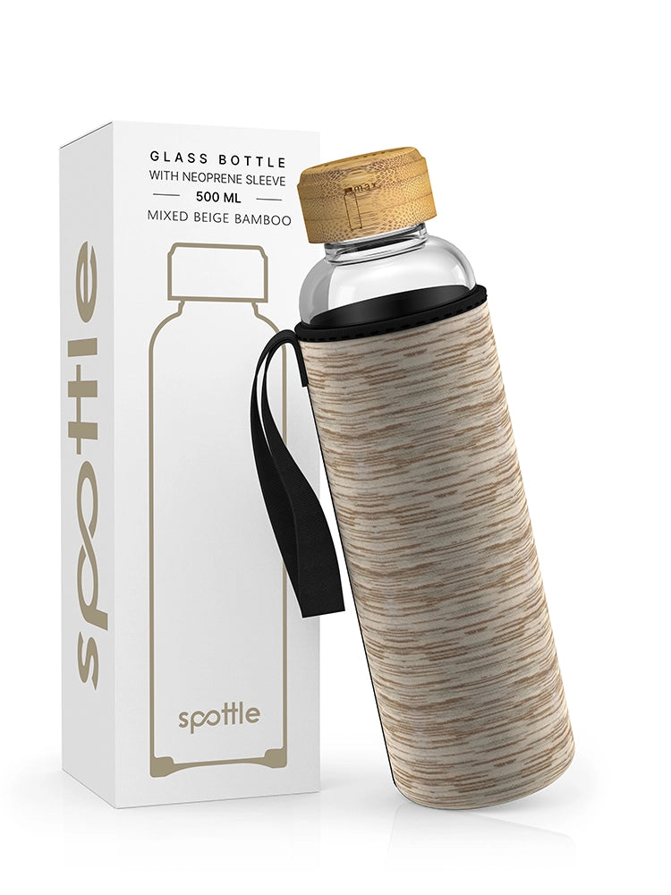 Trinkflasche Glas mit Neoprenhülle & Bambusdeckel – 500 ml (16oz)
