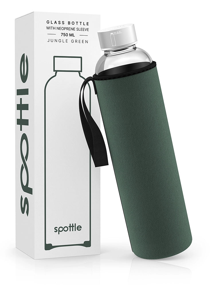 spottle 750-ml-Glasflasche mit grüner Neoprenhülle und schwarzer Trageschlaufe