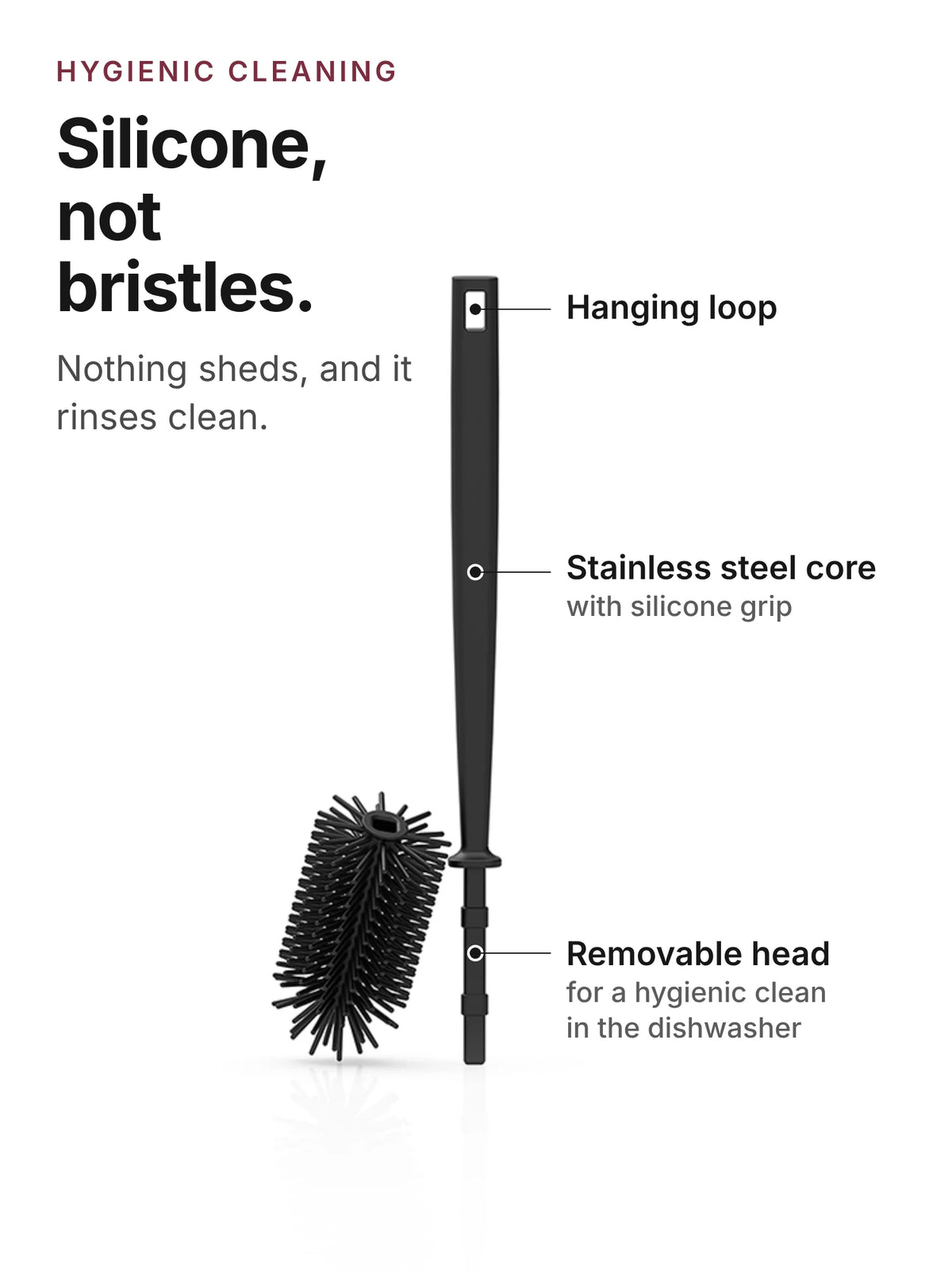 spottle silicone bottle brush, 12.6 in, with hanging loop, stainless steel core and removable brush head, black.